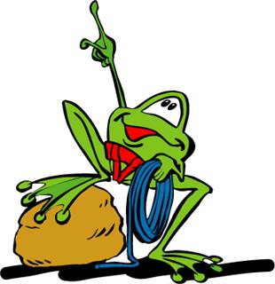 Der Mühlenfrosch mit Klettergurt und Seil, seine Hand zeigt nach oben
