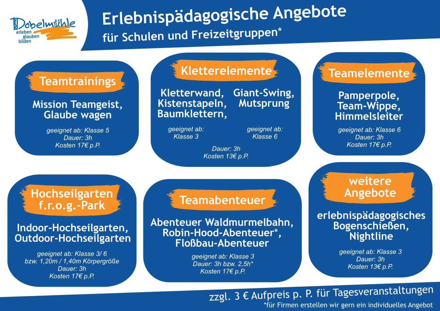 Erlebnispädagogische Angebote auf der Dobelmühle